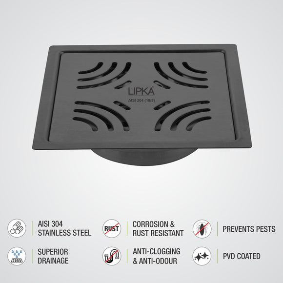 Purple Exclusive Square Flat Cut Floor Drain in Black PVD Coating (5 x 5 Inches) with Cockroach Trap - LIPKA - Lipka Home