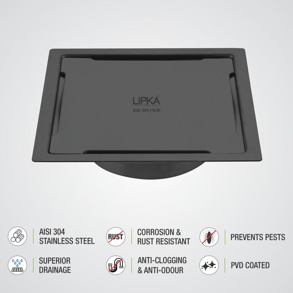 Yellow Exclusive Square Flat Cut Floor Drain in Black PVD Coating (5 x 5 Inches) with Cockroach Trap - LIPKA - Lipka Home