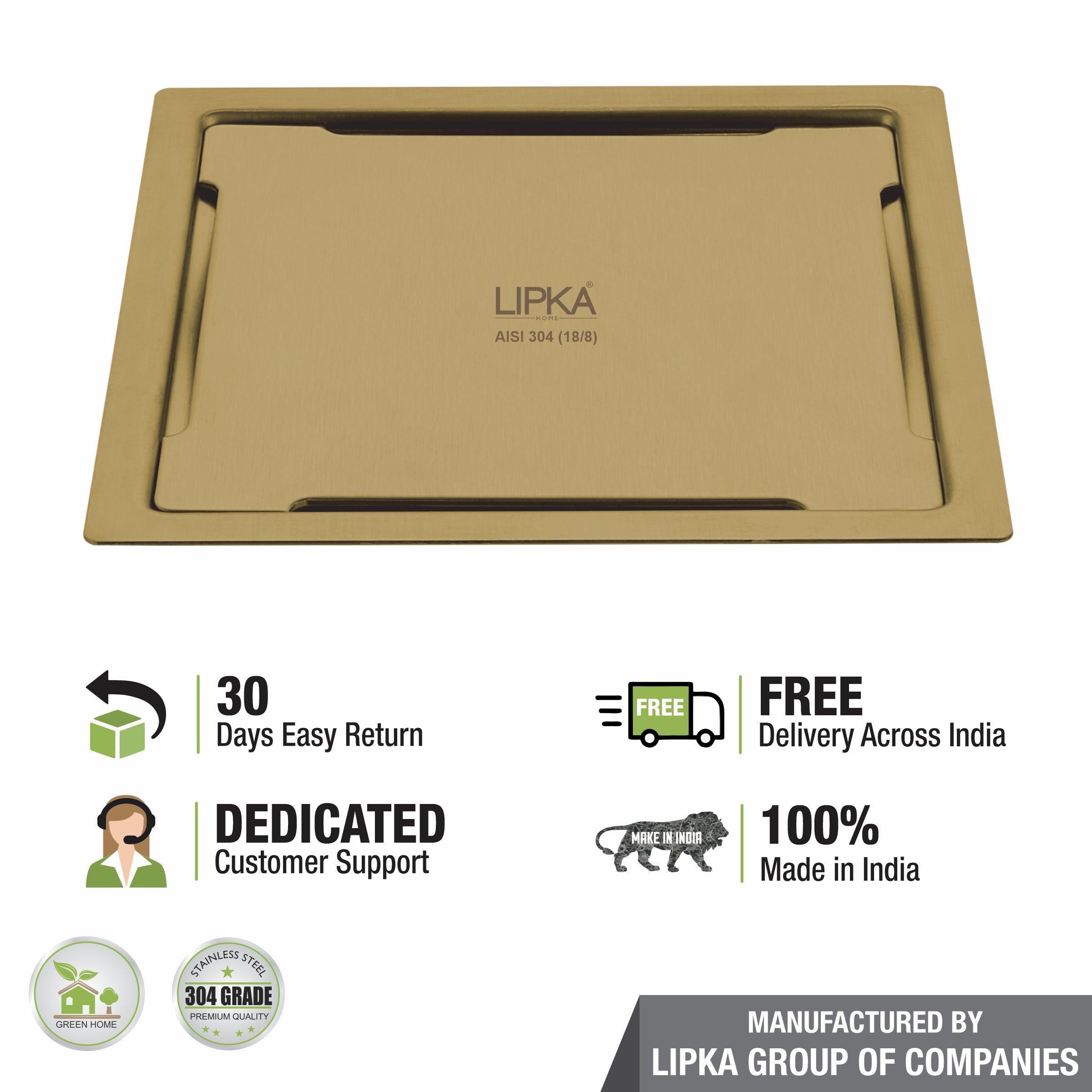 Yellow Exclusive Square Flat Cut Floor Drain in Yellow Gold PVD Coating (5 x 5 Inches) - LIPKA - Lipka Home