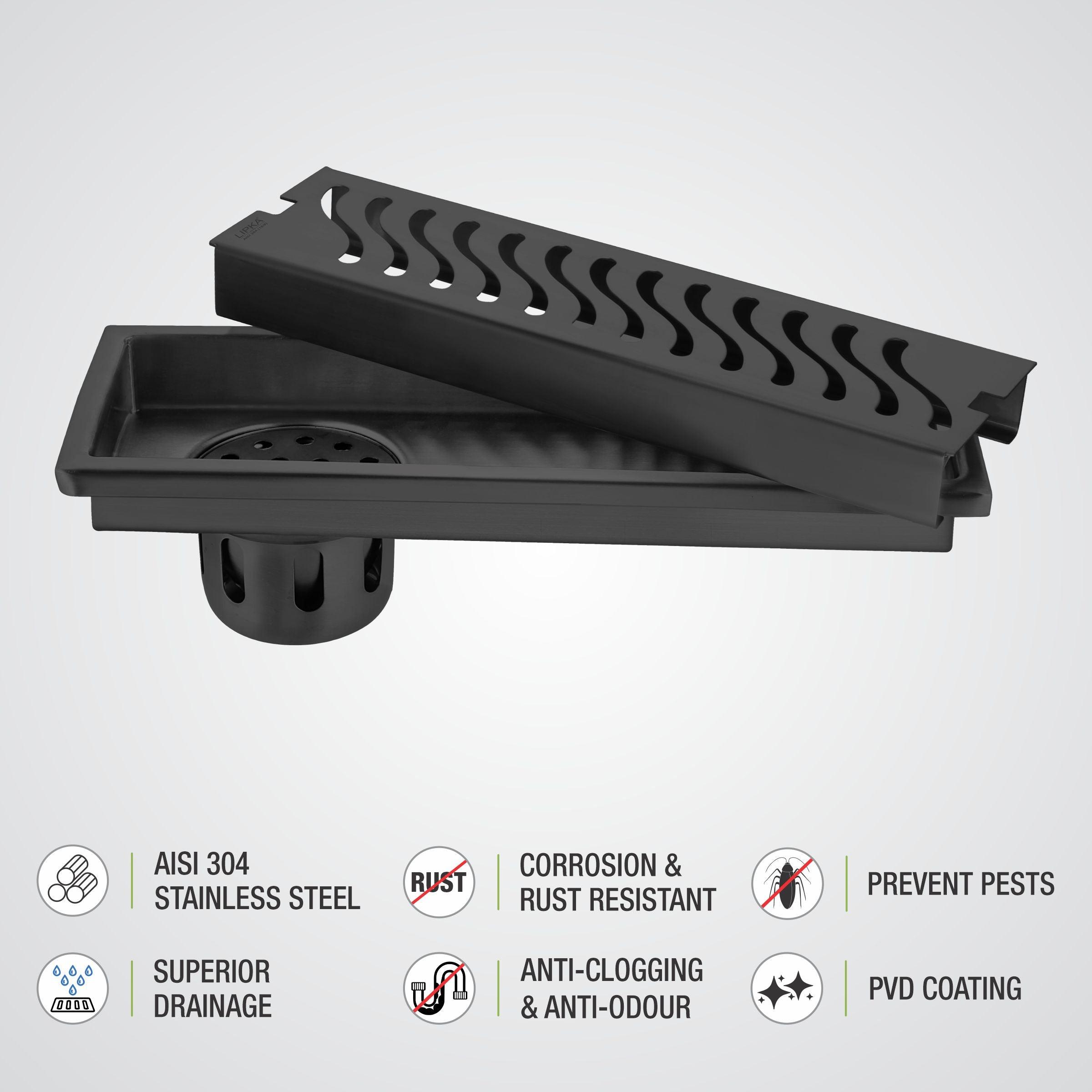 Wave Shower Drain Channel - Black (12 x 4 Inches) details