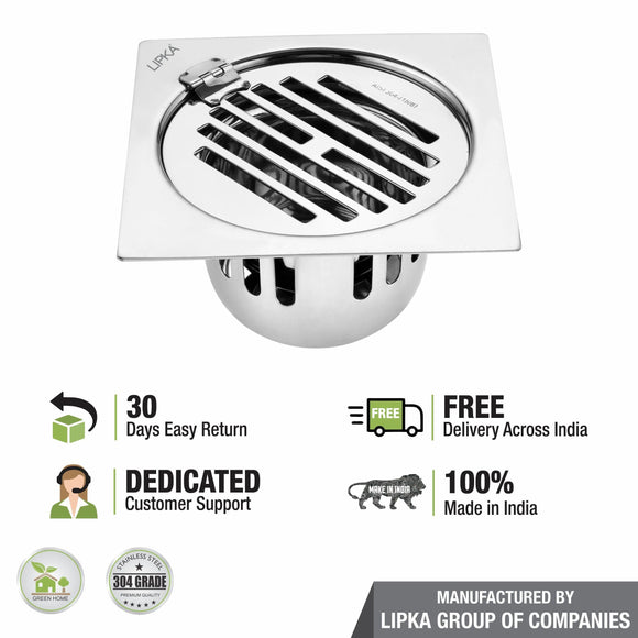 Golden Classic Jali Square Flat Cut Floor Drain (5 x 5 Inches) with Hinge and Cockroach Trap - LIPKA - Lipka Home