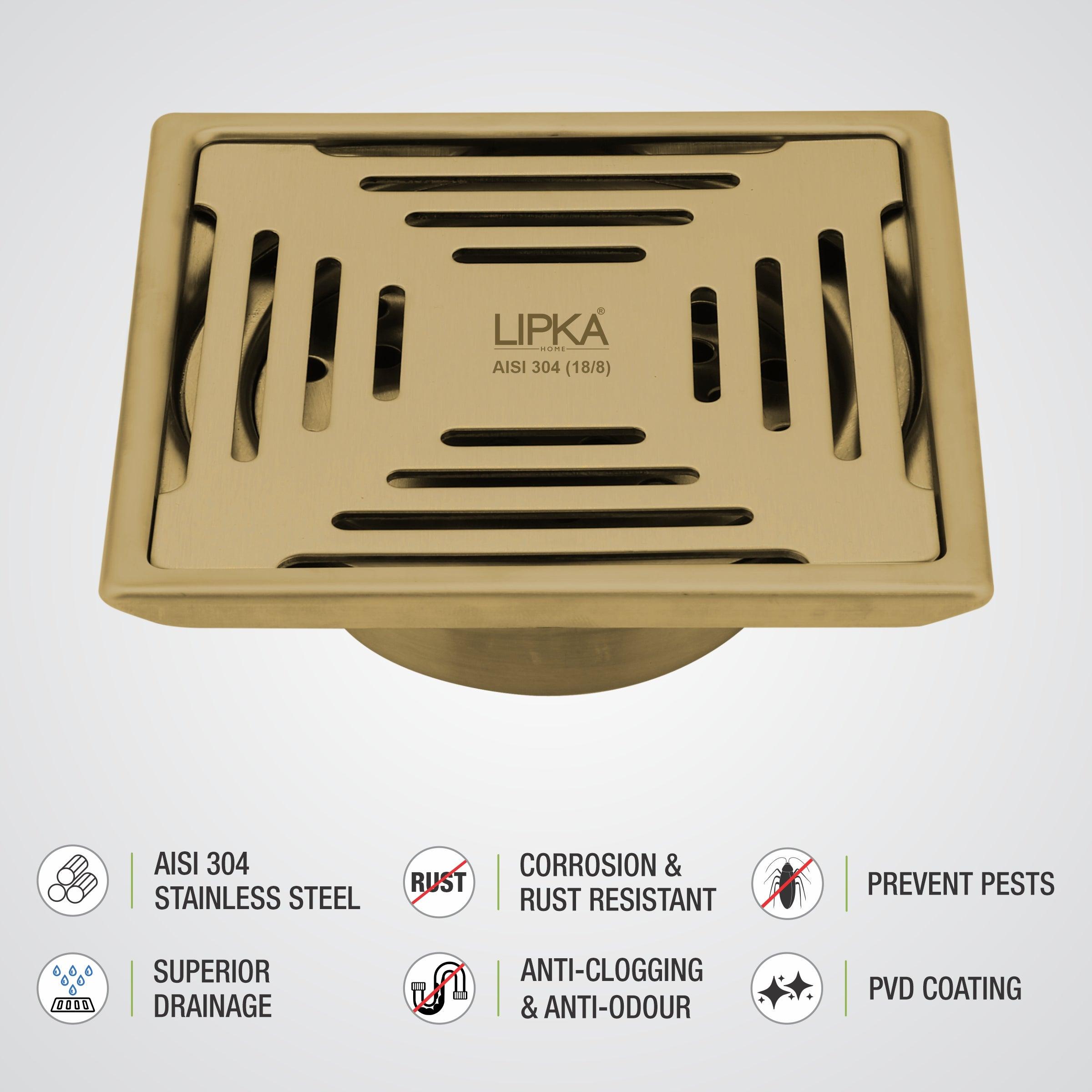 Green Exclusive Square Floor Drain in Yellow Gold PVD Coating (5 x 5 Inches) with Cockroach Trap - LIPKA - Lipka Home