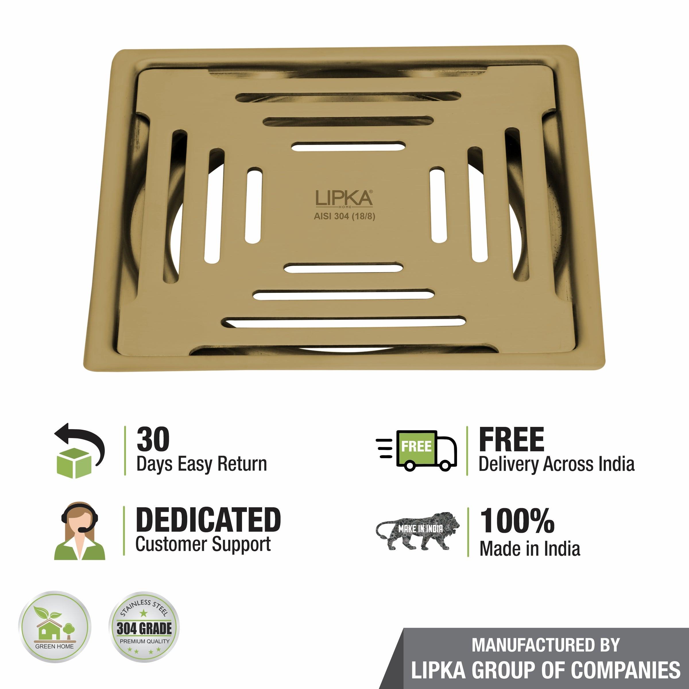 Green Exclusive Square Flat Cut Floor Drain in Yellow Gold PVD Coating (6 x 6 Inches) - LIPKA - Lipka Home