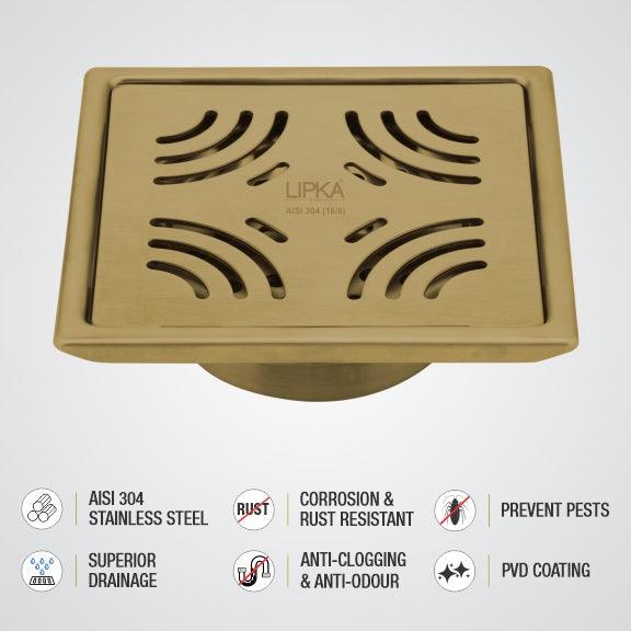 Purple Exclusive Square Floor Drain in Yellow Gold PVD Coating (6 x 6 Inches) with Cockroach Trap - LIPKA - Lipka Home