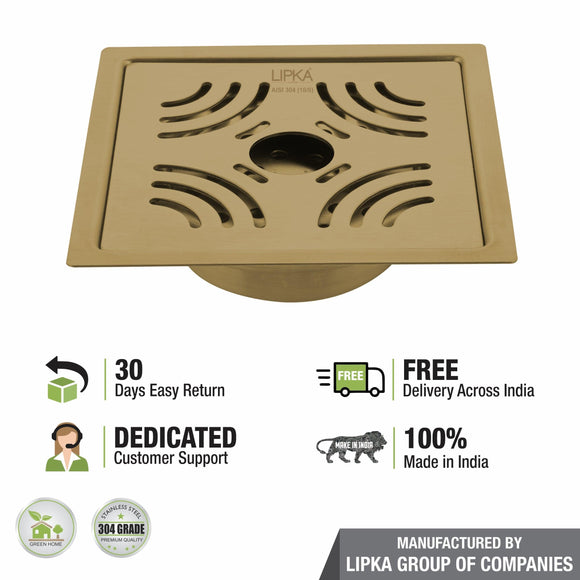 Purple Exclusive Square Flat Cut Floor Drain in Yellow Gold PVD Coating (6 x 6 Inches) with Hole & Cockroach Trap - LIPKA - Lipka Home