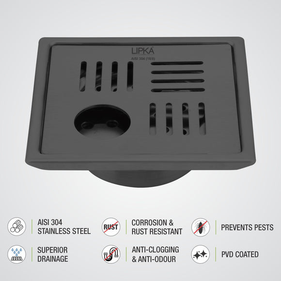 Pink Exclusive Square Floor Drain in Black PVD Coating (5 x 5 Inches) with Hole & Cockroach Trap - LIPKA - Lipka Home