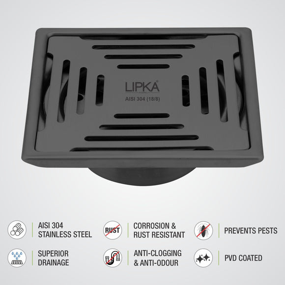 Green Exclusive Square Floor Drain in Black PVD Coating (6 x 6 Inches) with Cockroach Trap - LIPKA - Lipka Home