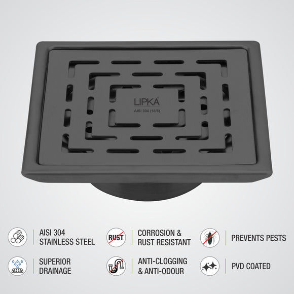 Orange Exclusive Square Floor Drain in Black PVD Coating (6 x 6 Inches) with Cockroach Trap - LIPKA - Lipka Home