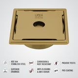 Yellow Exclusive Square Floor Drain in Yellow Gold PVD Coating (6 x 6 Inches) with Hole & Cockroach Trap - LIPKA