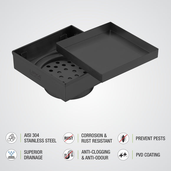 Marble Insert Square Floor Drain - Black (4 x 4 Inches) - LIPKA - Lipka Home