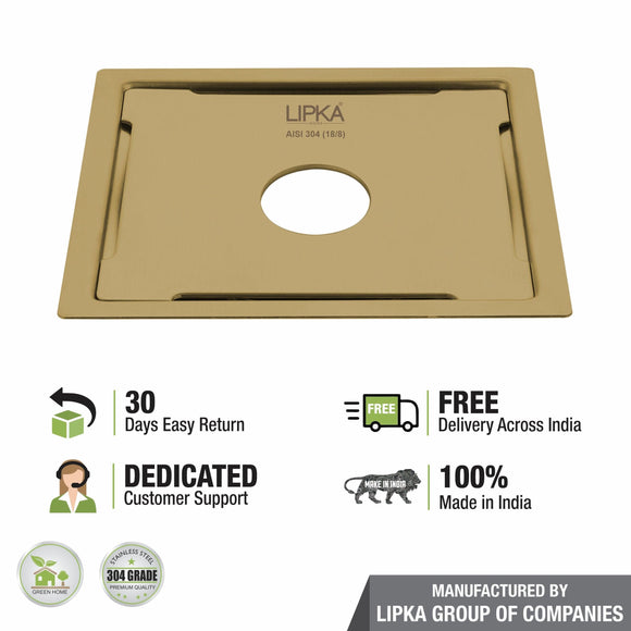 Yellow Exclusive Square Flat Cut Floor Drain in Yellow Gold PVD Coating (6 x 6 Inches) with Hole - LIPKA - Lipka Home