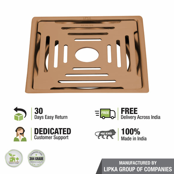 Green Exclusive Square Flat Cut Floor Drain in Antique Copper PVD Coating (6 x 6 Inches) with Hole - LIPKA - Lipka Home
