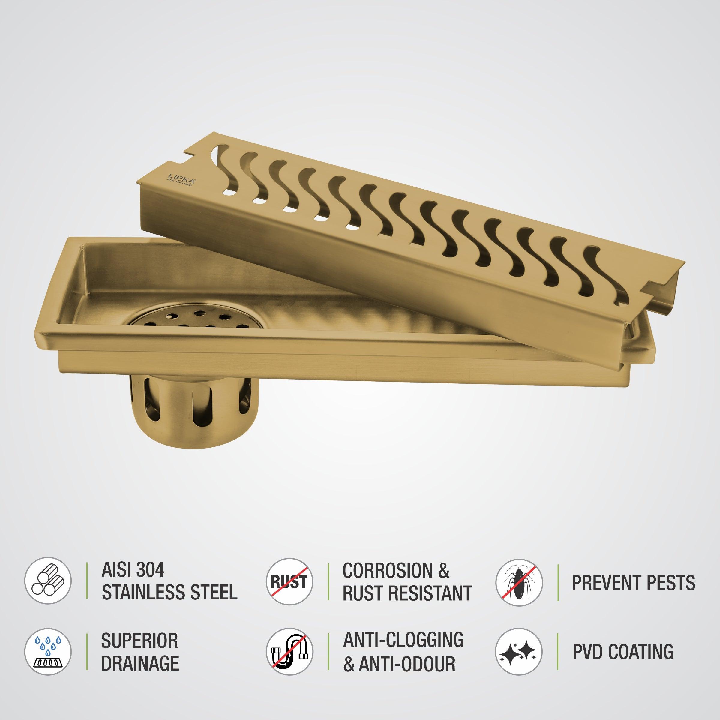 Wave Shower Drain Channel - Yellow Gold (12 x 4 Inches) - LIPKA - Lipka Home