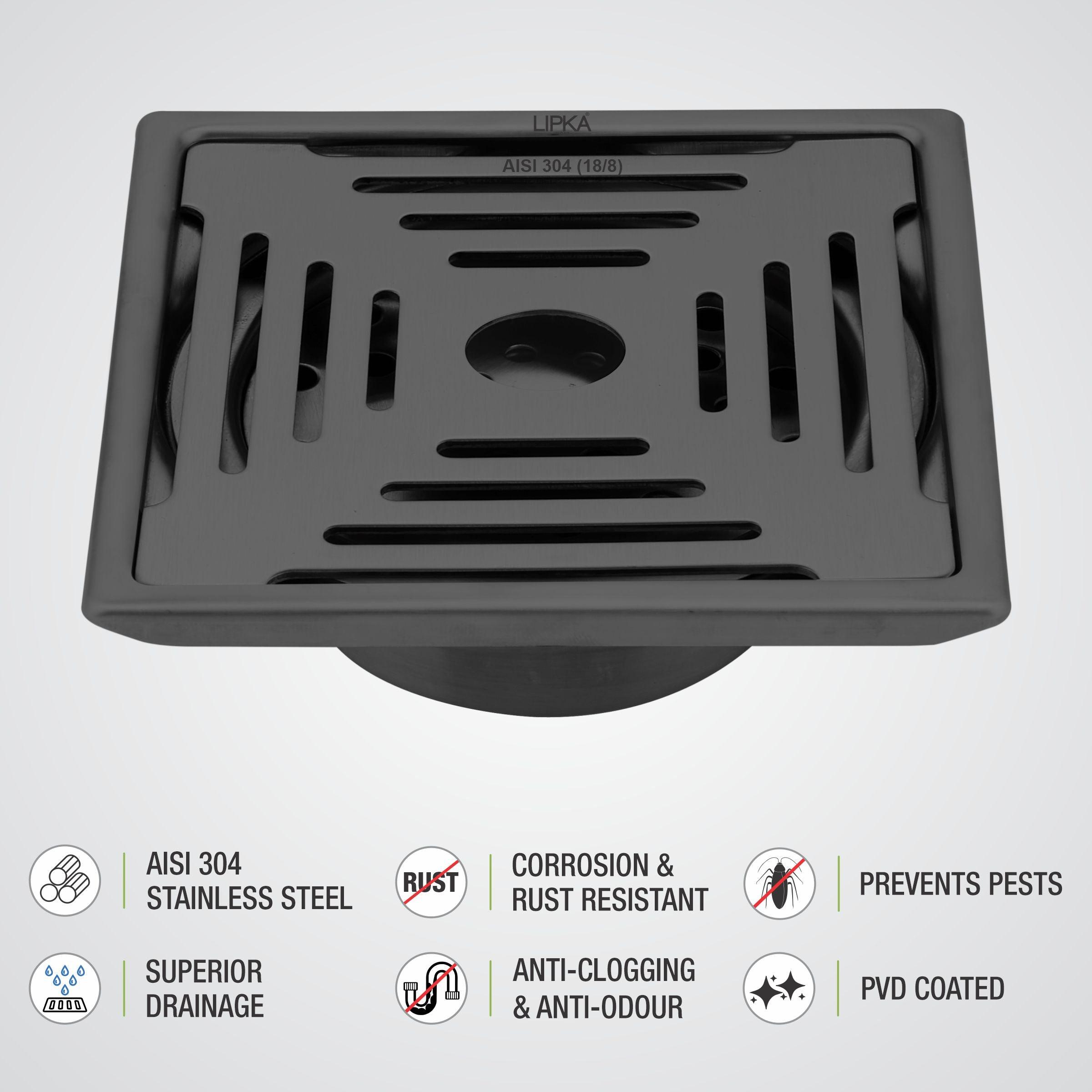 Green Exclusive Square Floor Drain in Black PVD Coating (6 x 6 Inches) with Hole & Cockroach Trap - LIPKA - Lipka Home