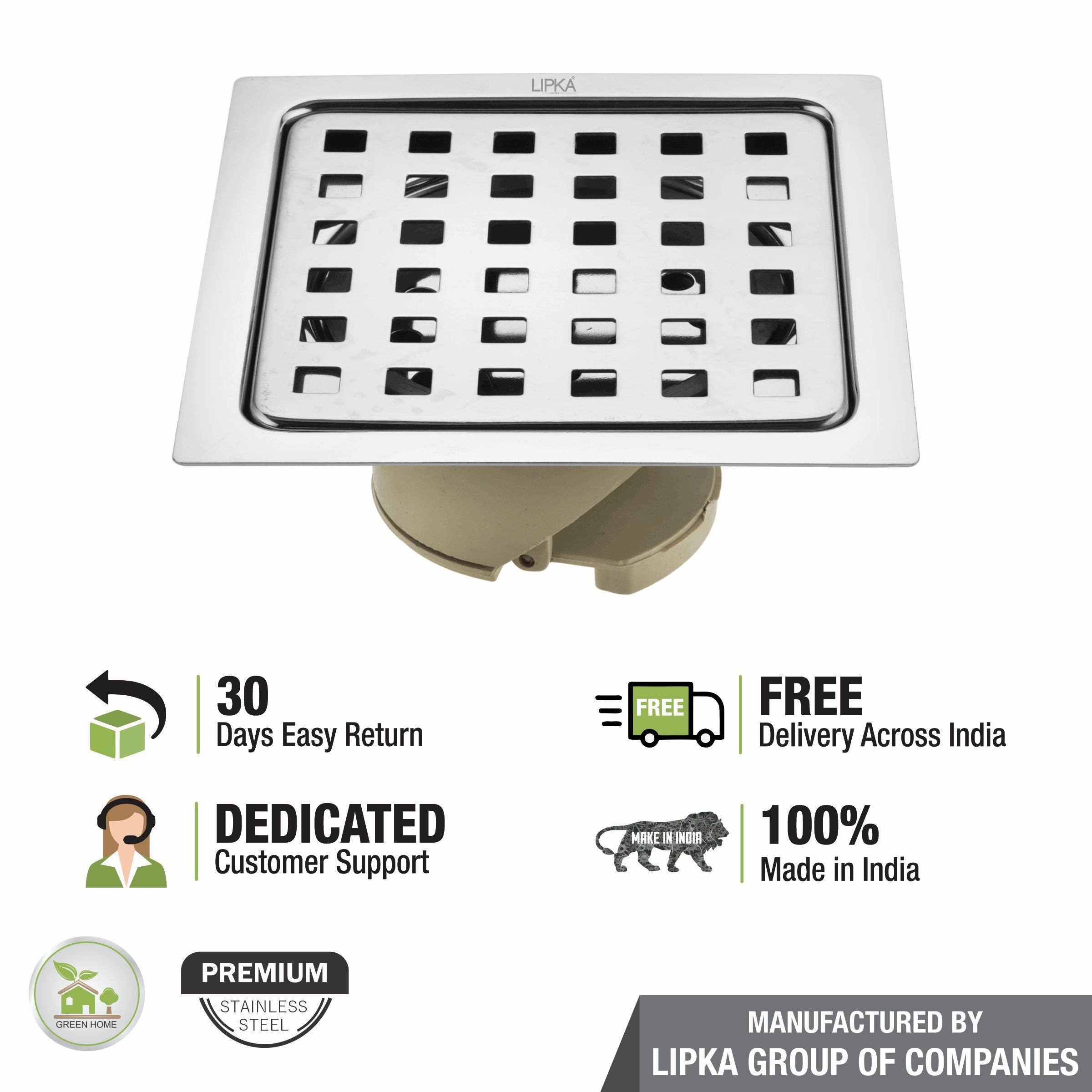 Square Jal Floor Drain (6 x 6 Inches) with Wide PVC Cockroach Trap - LIPKA - Lipka Home