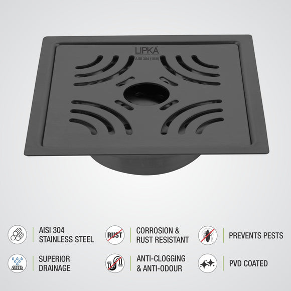 Purple Exclusive Square Flat Cut Floor Drain in Black PVD Coating (6 x 6 Inches) with Hole & Cockroach Trap - LIPKA - Lipka Home