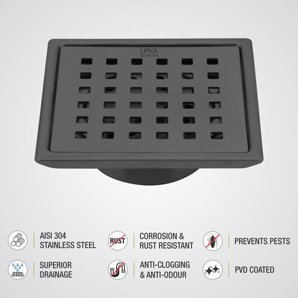 Red Exclusive Square Floor Drain in Black PVD Coating (6 x 6 Inches) with Cockroach Trap - LIPKA - Lipka Home