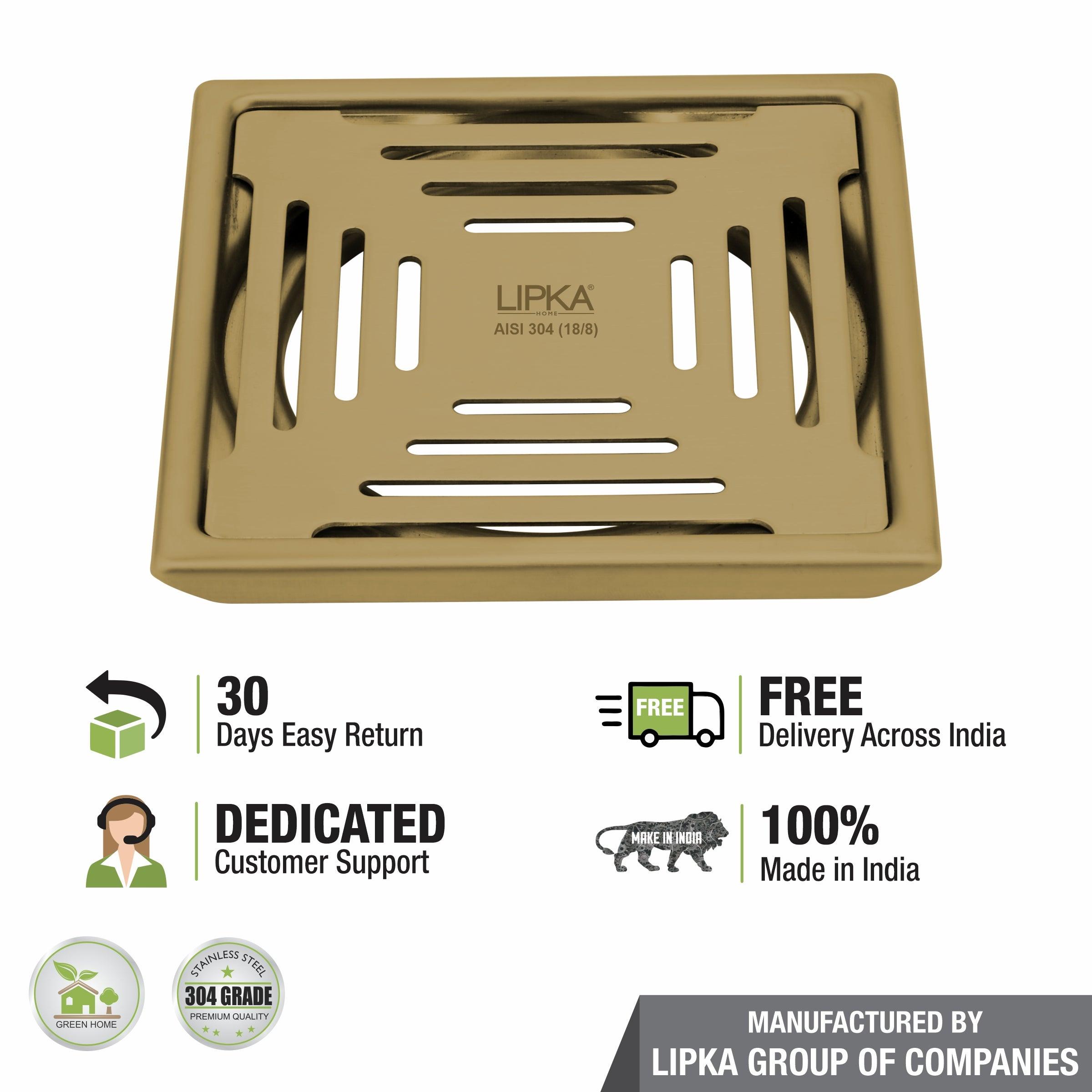 Green Exclusive Square Floor Drain in Yellow Gold PVD Coating (6 x 6 Inches) - LIPKA - Lipka Home
