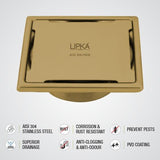 Yellow Exclusive Square Floor Drain in Yellow Gold PVD Coating (5 x 5 Inches) with Cockroach Trap - LIPKA