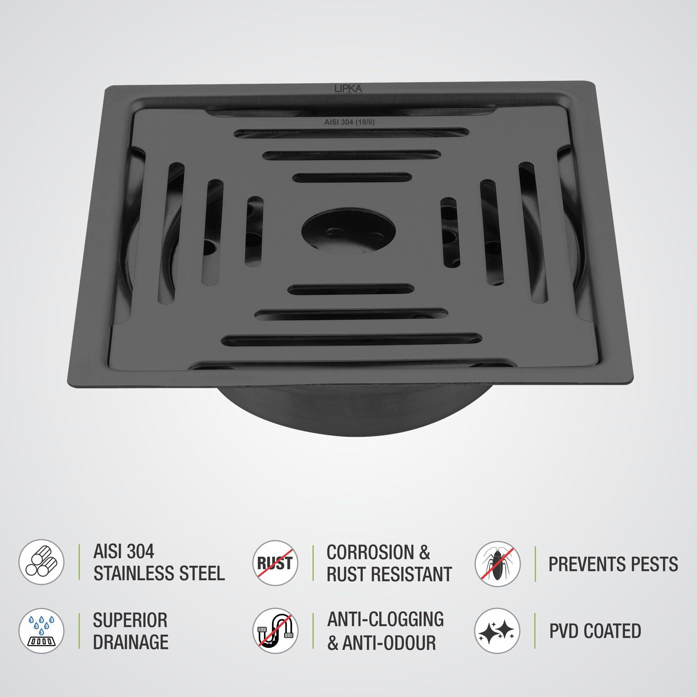 Green Exclusive Square Flat Cut Floor Drain in Black PVD Coating (5 x 5 Inches) with Cockroach Trap features