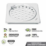 Eon Square Floor Drain with Plain Jali and Hinge (6 x 6 Inches) - LIPKA