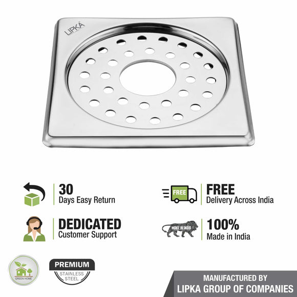 Eon Square Floor Drain with Plain Jali and Hole (6 x 6 Inches) - LIPKA - Lipka Home