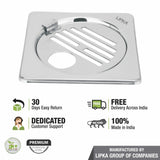 Eon Square Floor Drain with Golden Classic Jali, Hinge and Hole (5 x 5 Inches) - LIPKA