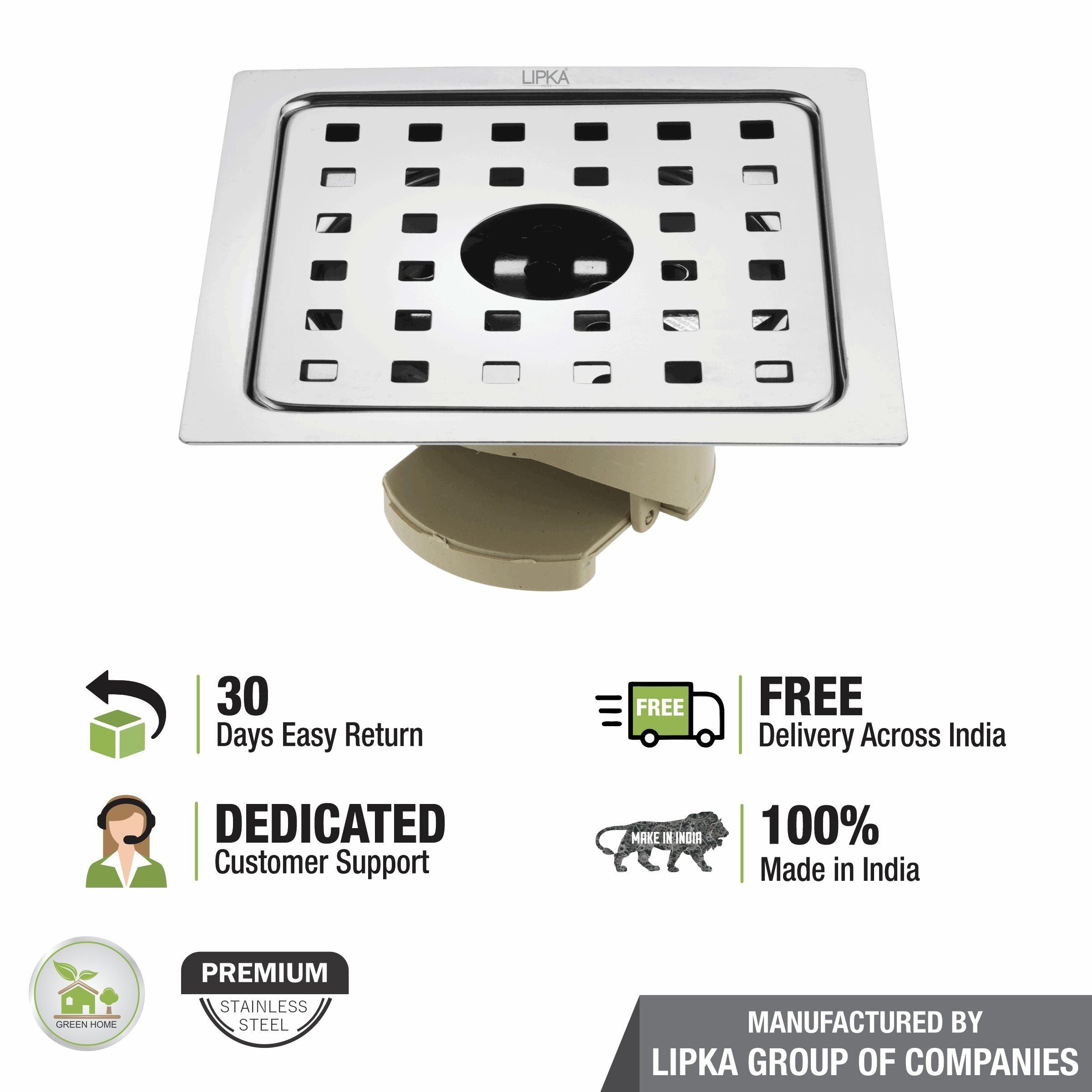 Square Jal Floor Drain (6 x 6 Inches) with Hole and Wide PVC Cockroach Trap - LIPKA - Lipka Home