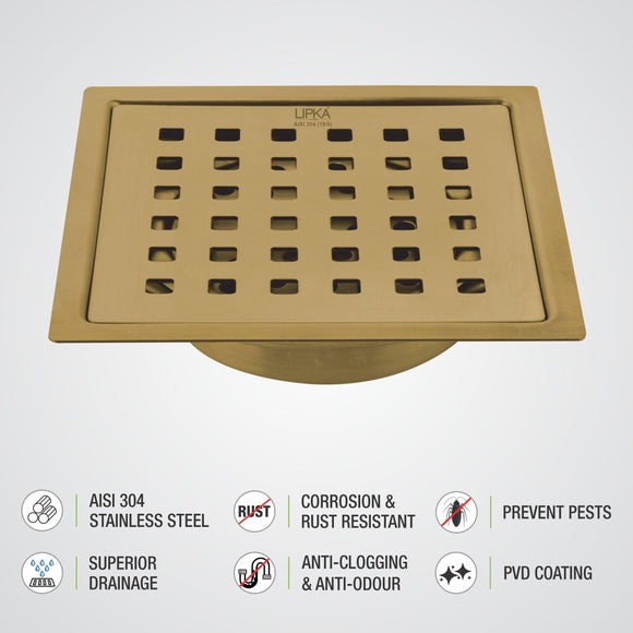 Red Exclusive Square Flat Cut Floor Drain in Yellow Gold PVD Coating (5 x 5 Inches) with Cockroach Trap - LIPKA - Lipka Home