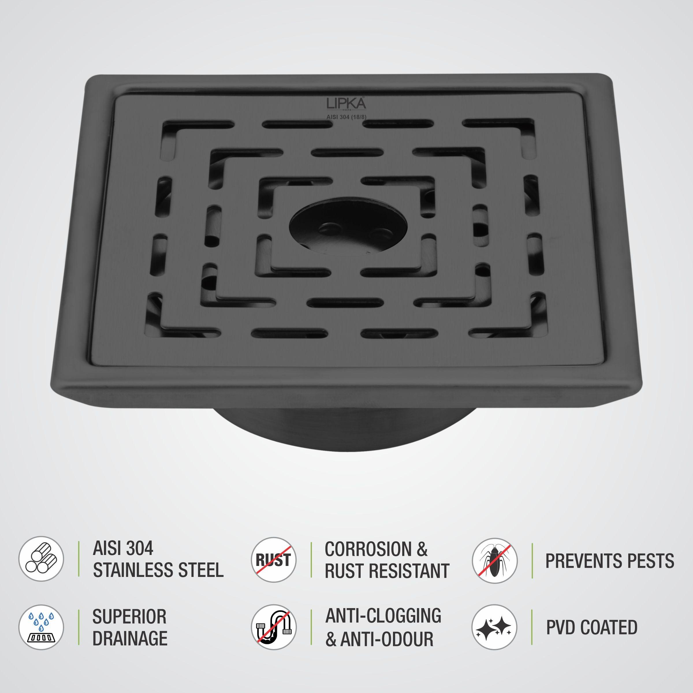Orange Exclusive Square Floor Drain in Black PVD Coating (6 x 6 Inches) with Hole & Cockroach Trap details
