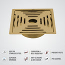 Green Exclusive Square Flat Cut Floor Drain in Yellow Gold PVD Coating (6 x 6 Inches) with Hole & Cockroach Trap - LIPKA - Lipka Home