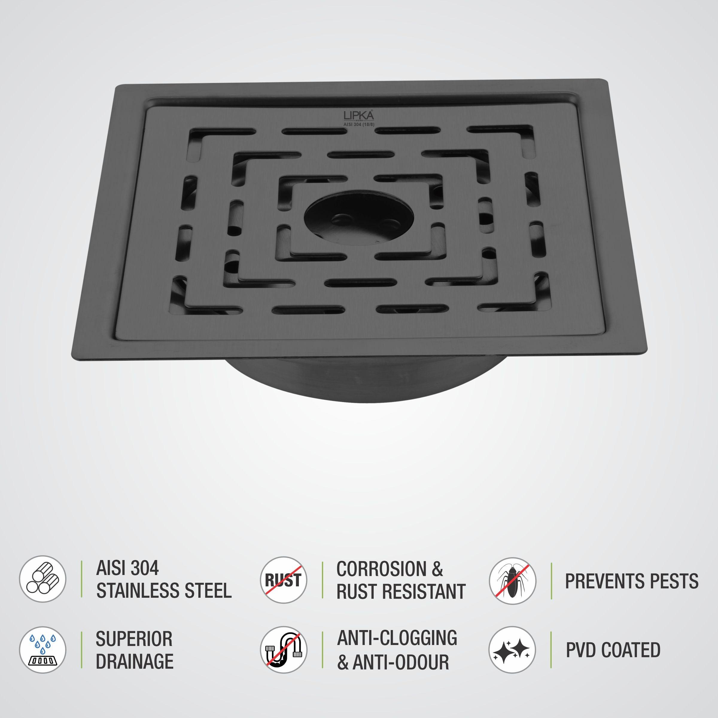 Orange Exclusive Square Flat Cut Floor Drain in Black PVD Coating (6 x 6 Inches) with Hole & Cockroach Trap  details