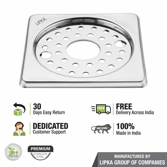 Eon Square Floor Drain with Plain Jali, Lock and Hole (6 x 6 Inches) - LIPKA - Lipka Home