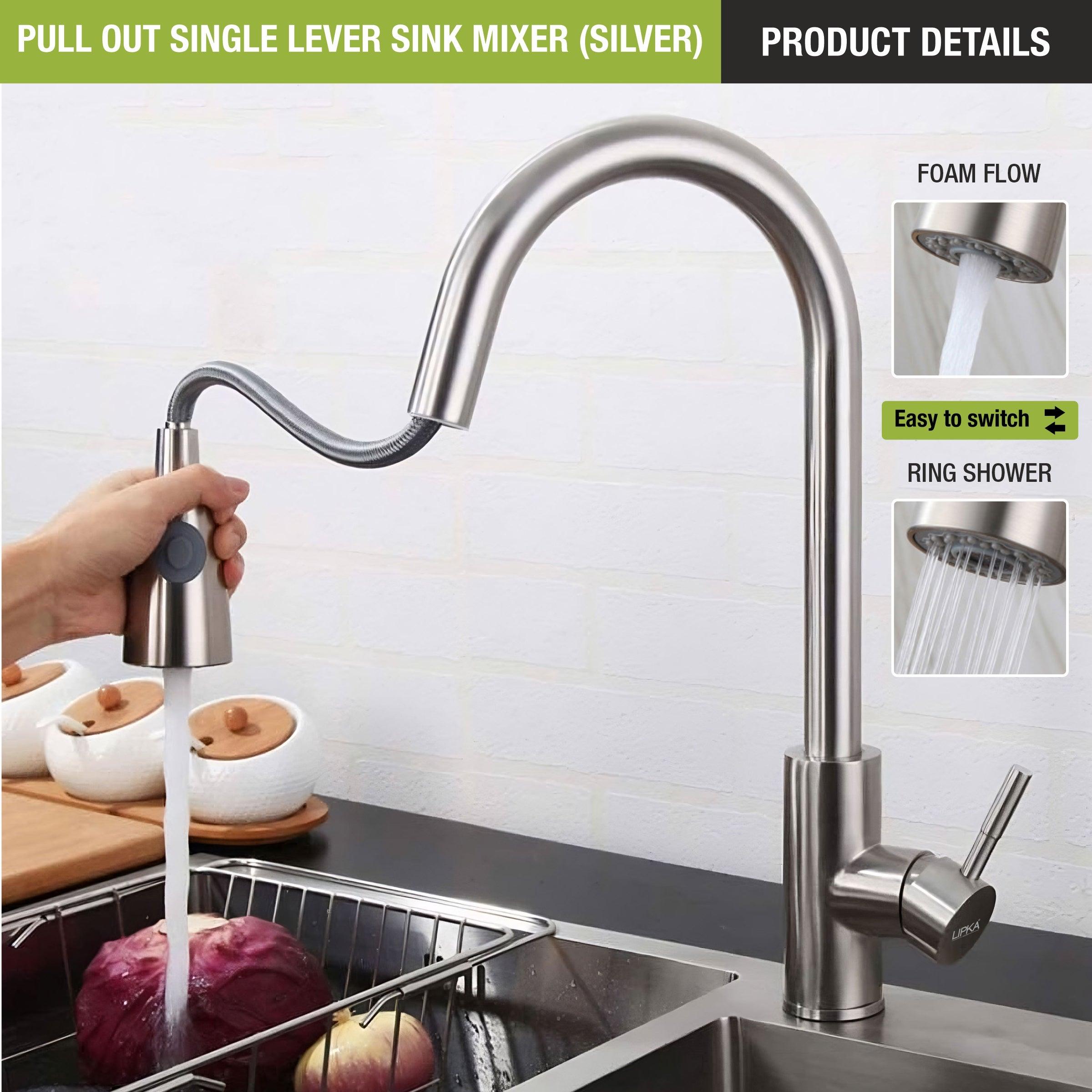 Kyron Single Lever 304-Grade Pull-out Mixer Faucet with Swivel Spout & Dual Flow (Silver) - LIPKA - Lipka Home