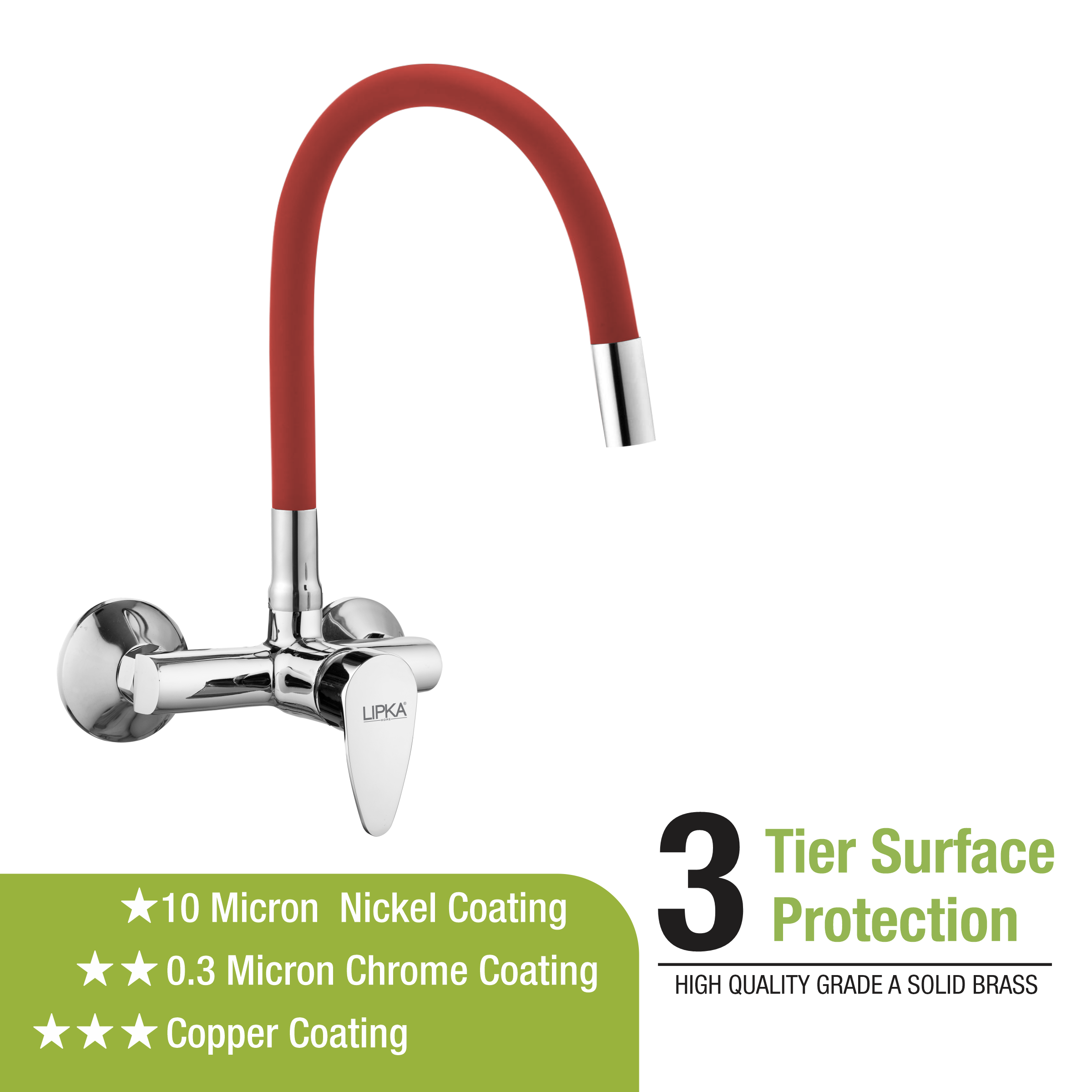 Virgo Single Lever Sink Mixer with Red Flexible Silicone Spout (20 Inches) - LIPKA