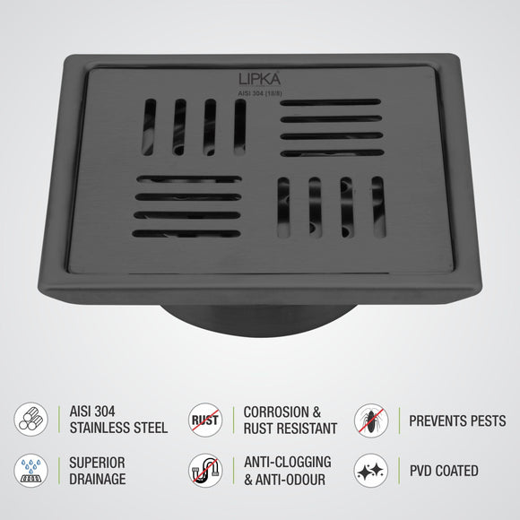 Pink Exclusive Square Floor Drain in Black PVD Coating (6 x 6 Inches) with Cockroach Trap - LIPKA - Lipka Home
