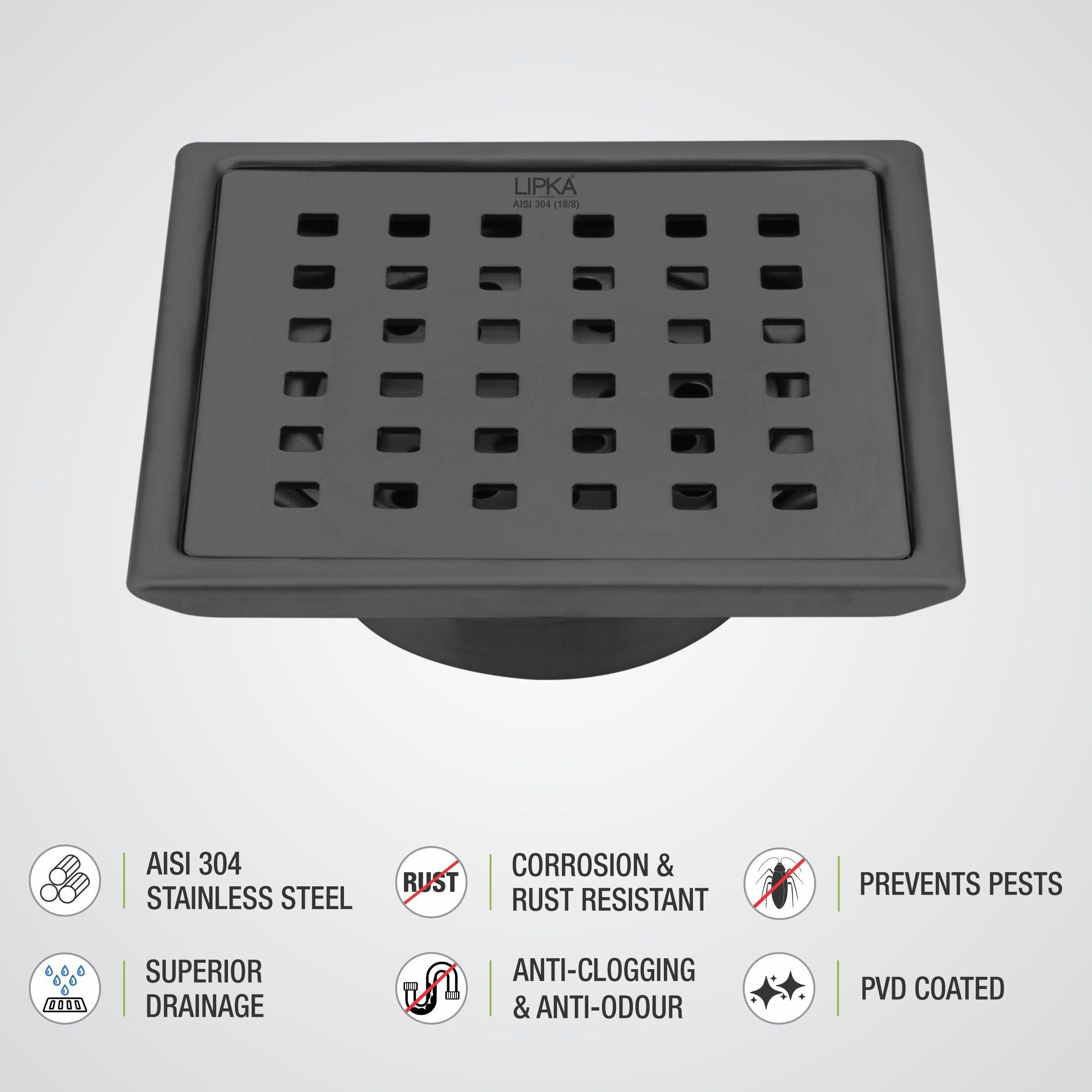 Red Exclusive Square Floor Drain in Black PVD Coating (5 x 5 Inches) with Cockroach Trap - LIPKA - Lipka Home