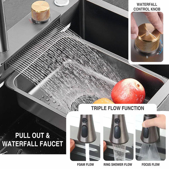 Handmade Nano Waterfall Kitchen Sink (30 x 18 x 9 inches) with Pull-out Mixer Faucet & RO Tap - LIPKA - Lipka Home