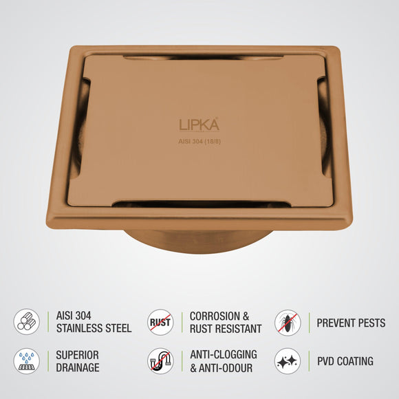 Yellow Exclusive Square Floor Drain in Antique Copper PVD Coating (5 x 5 Inches) with Cockroach Trap - LIPKA - Lipka Home