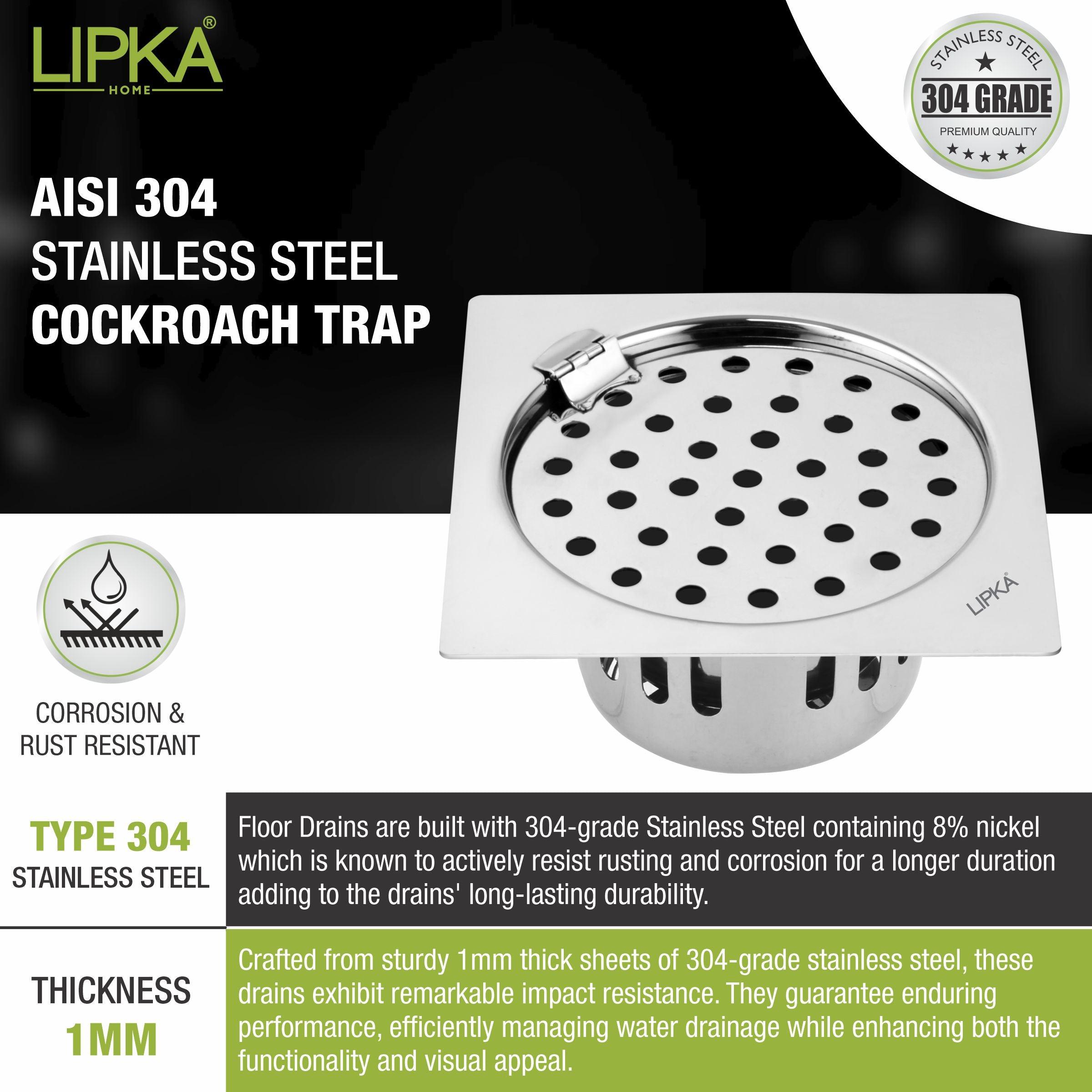 Square Flat Cut Floor Drain (5.5 x 5.5 Inches) with Hinge and Cockroach Trap - LIPKA - Lipka Home