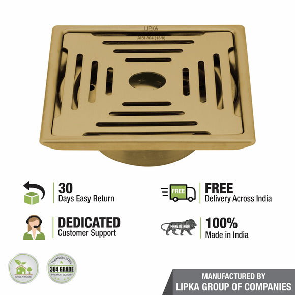 Green Exclusive Square Floor Drain in Yellow Gold PVD Coating (6 x 6 Inches) with Hole & Cockroach Trap - LIPKA - Lipka Home