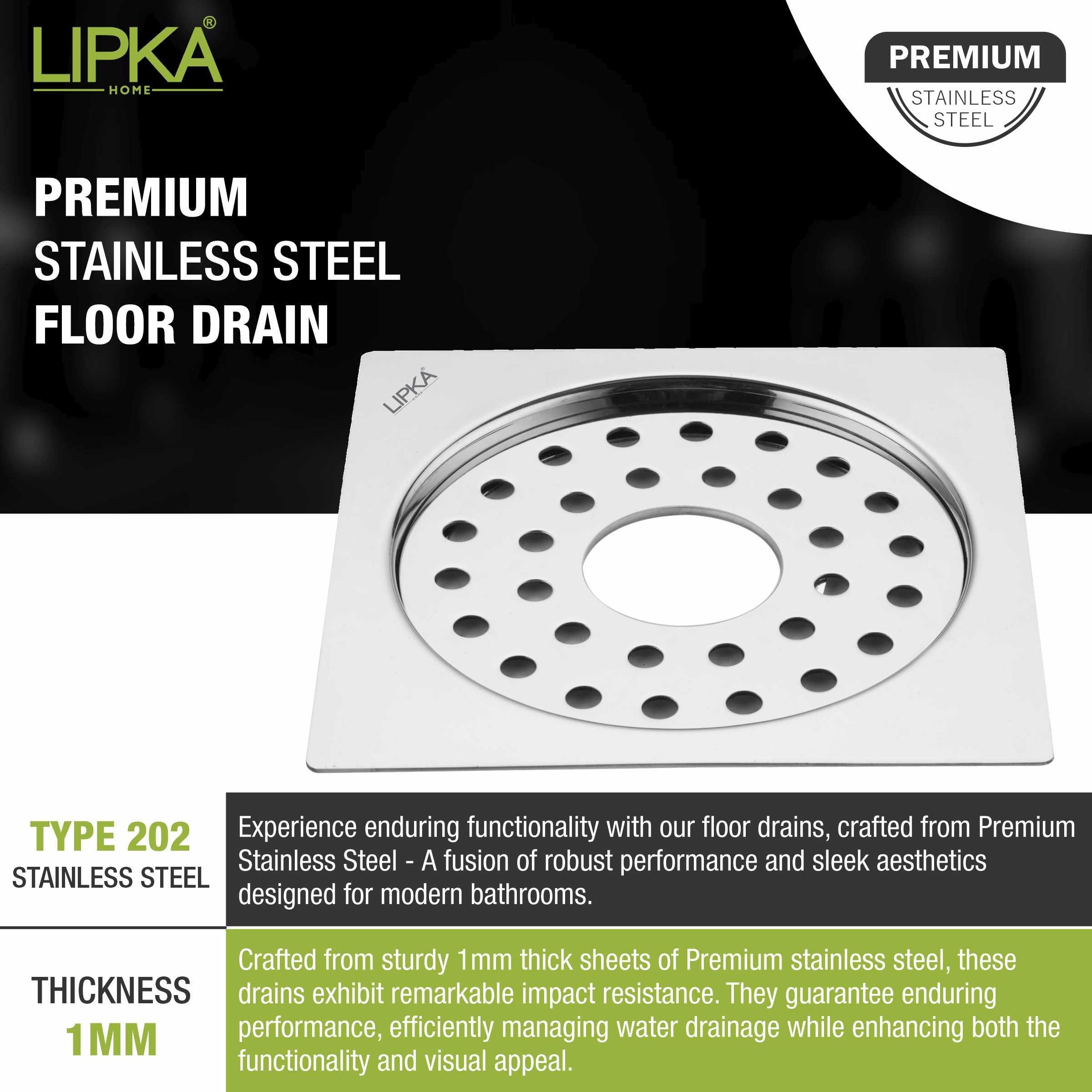 Eon Square Flat Cut Floor Drain with Plain Jali and Hole (6 x 6 Inches) - LIPKA - Lipka Home