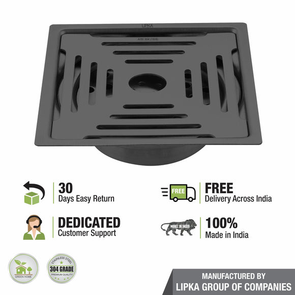 Green Exclusive Square Flat Cut Floor Drain in Black PVD Coating (5 x 5 Inches) with Cockroach Trap - LIPKA - Lipka Home