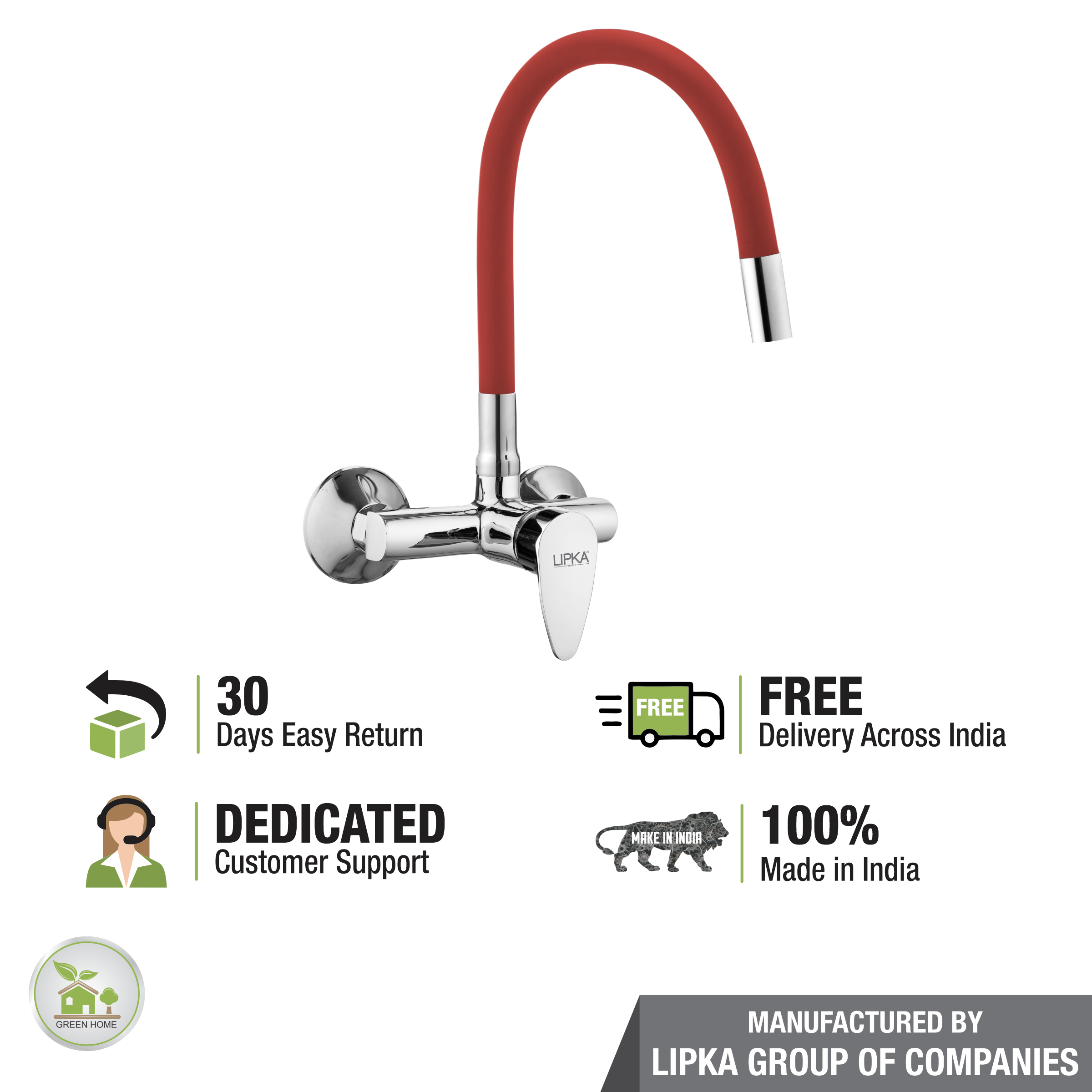 Virgo Single Lever Sink Mixer with Red Flexible Silicone Spout (20 Inches) - LIPKA