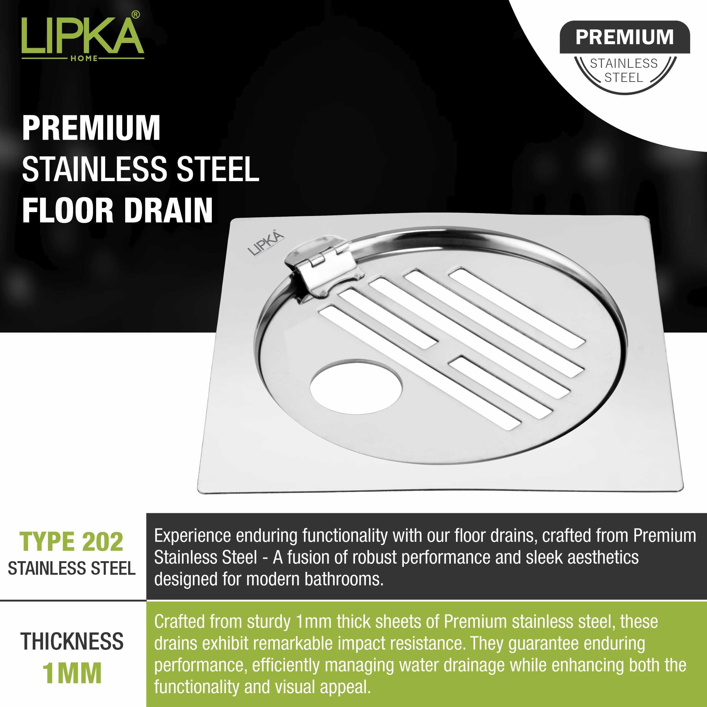 Eon Square Flat Cut Floor Drain with Golden Classic Jali, Hinge and Hole (5 x 5 Inches) - LIPKA - Lipka Home