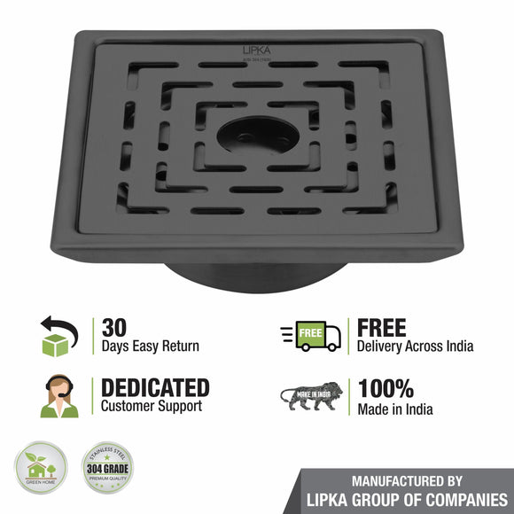 Orange Exclusive Square Floor Drain in Black PVD Coating (6 x 6 Inches) with Hole & Cockroach Trap - LIPKA - Lipka Home