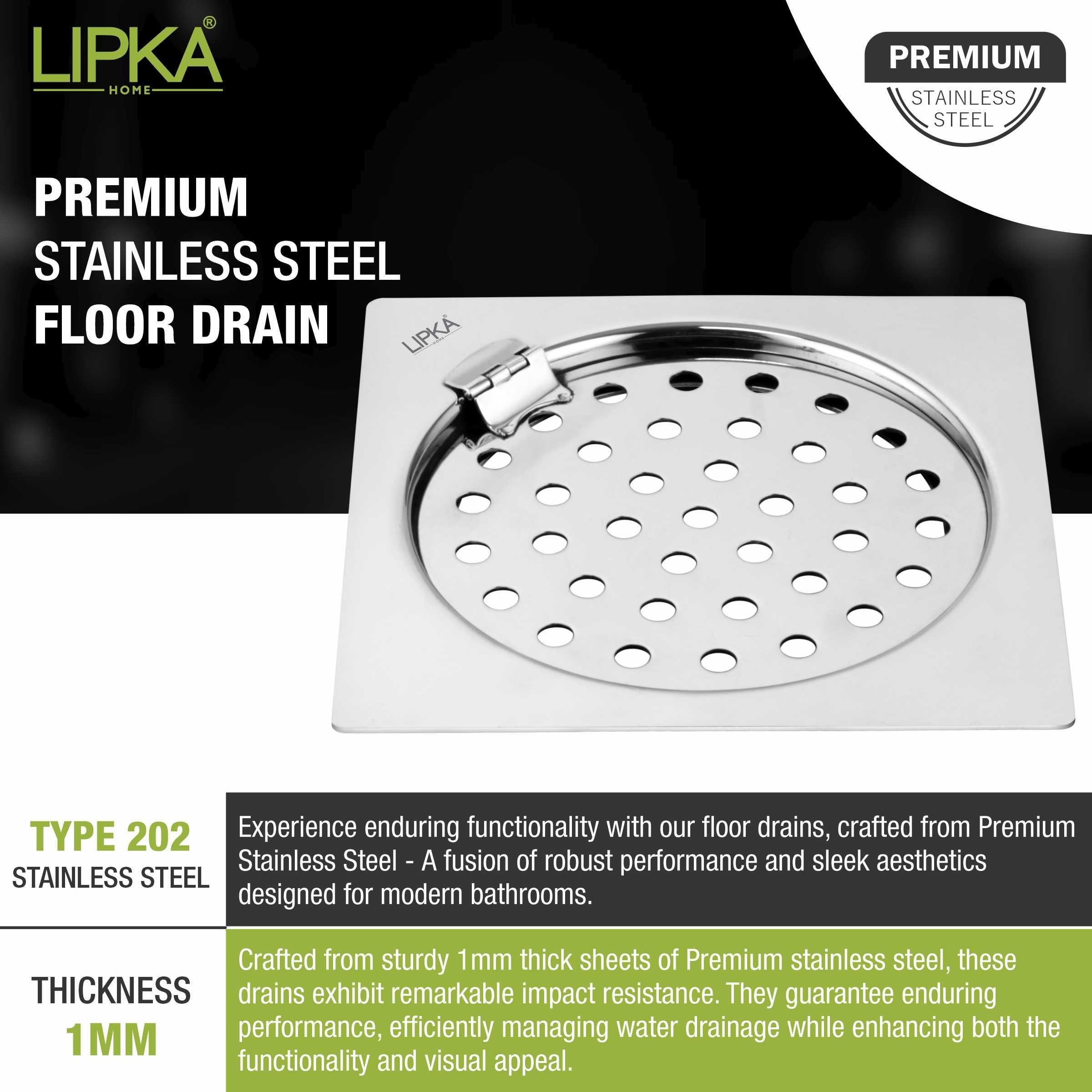 Eon Square Flat Cut Floor Drain with Plain Jali and Hinge (5 x 5 Inches) - LIPKA - Lipka Home