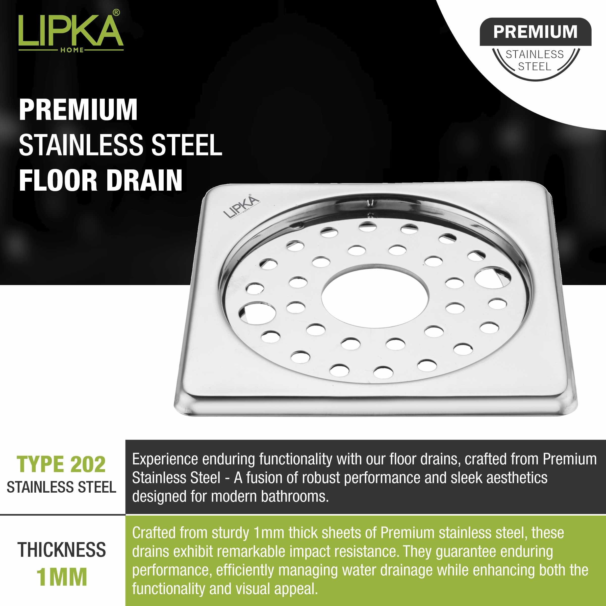 Eon Square Floor Drain with Plain Jali, Lock and Hole (6 x 6 Inches) - LIPKA - Lipka Home