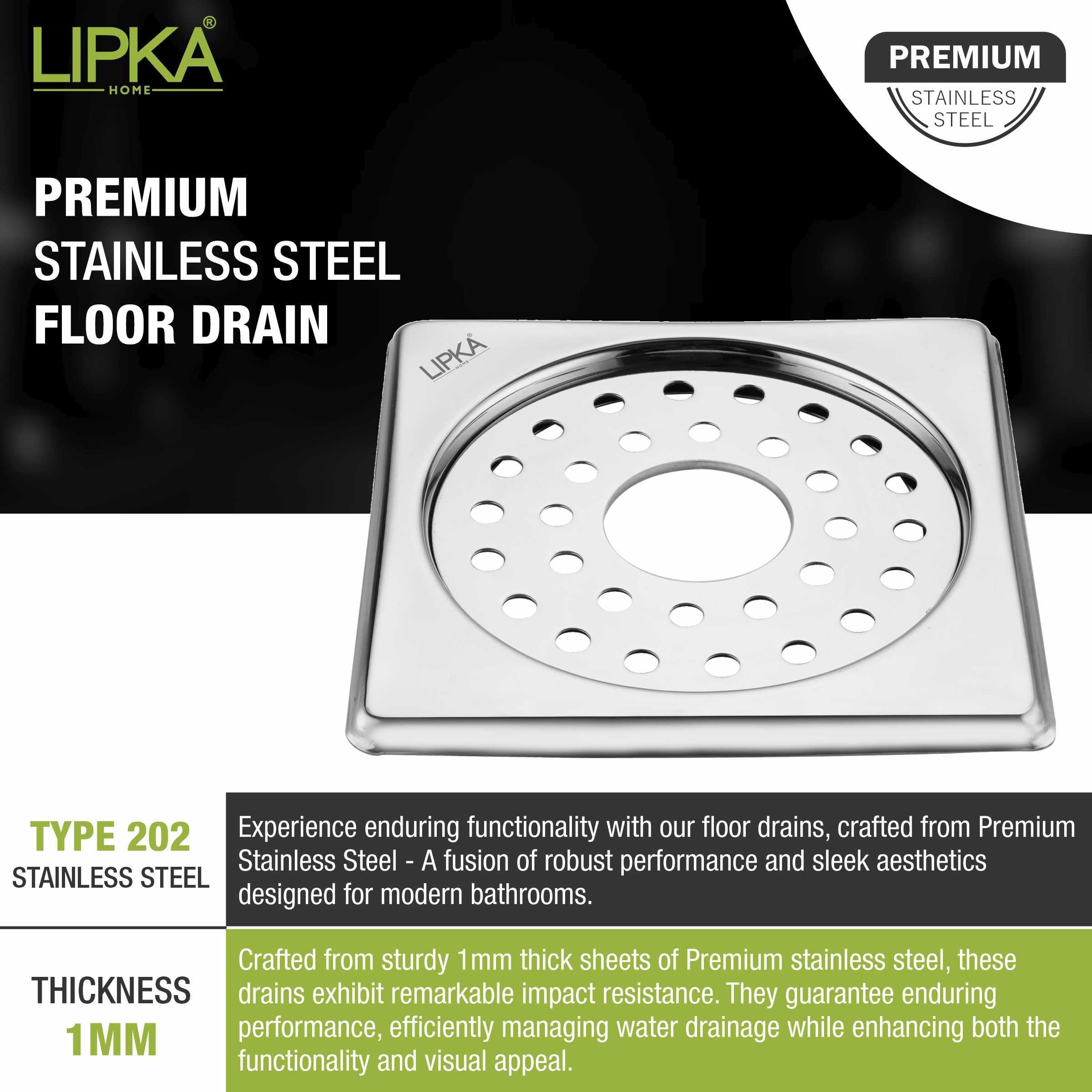 Eon Square Floor Drain with Plain Jali and Hole (6 x 6 Inches) - LIPKA - Lipka Home