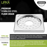 Eon Square Floor Drain with Plain Jali, Lock and Hole (5 x 5 Inches) - LIPKA